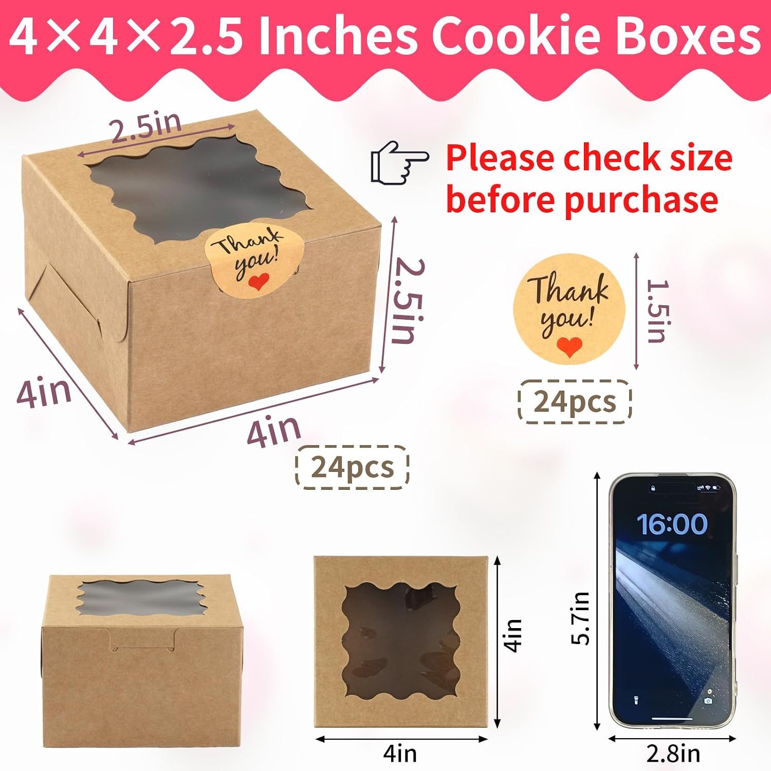 24 Piece Brown Cookie Boxes with Window and Stickers, 4 x 4 x 2.5 Inch