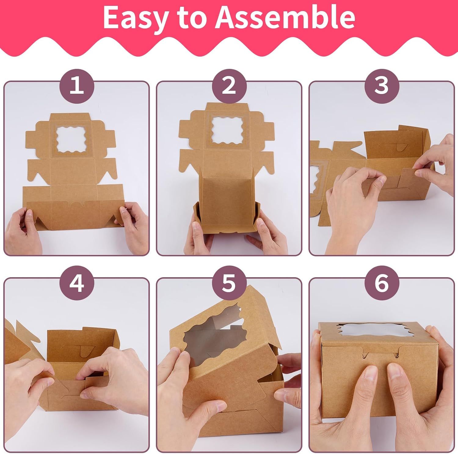24 Piece Brown Cookie Boxes with Window and Stickers, 4 x 4 x 2.5 Inch