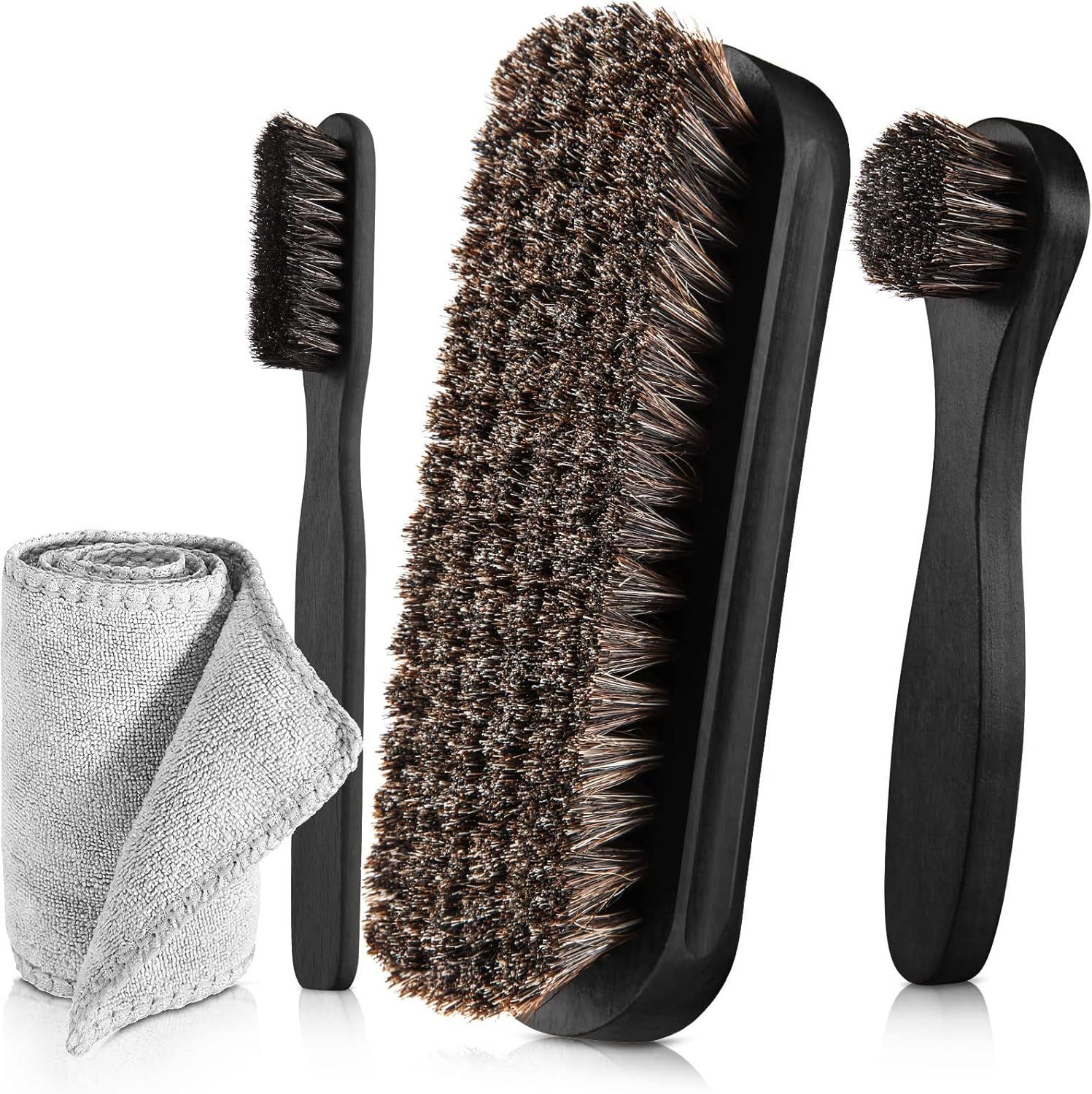 4 Piece Horsehair Shoe Polish Set with Brushes and Microfiber Cloth Black
