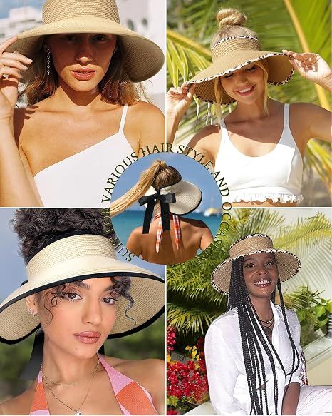 Women Straw Sun Visor Wide Brim UPF 50 Khaki