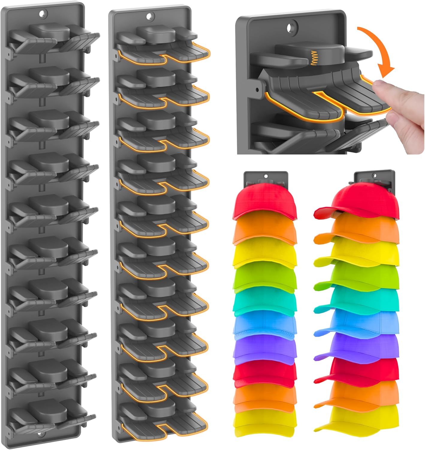 2 Piece Wall Mounted Cap Organizer Holds 20 Caps Matte Black