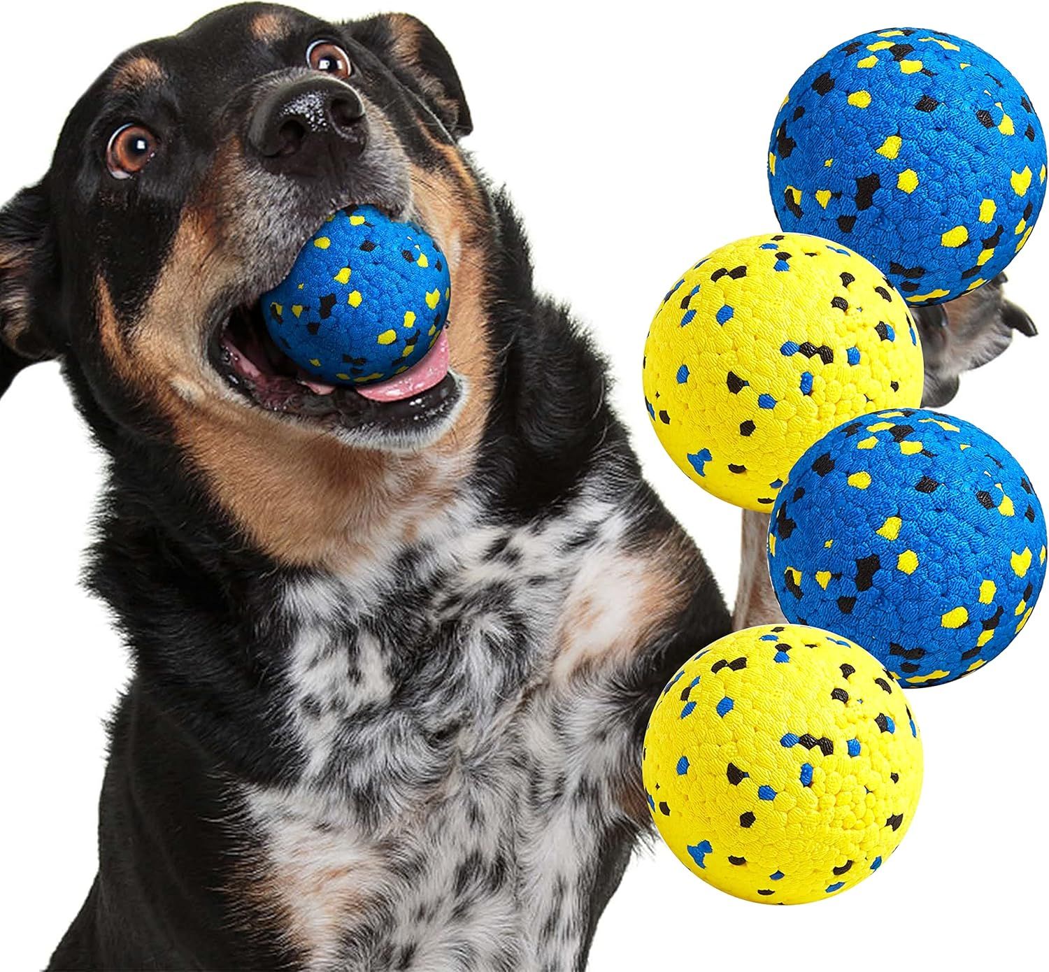 4 Piece Dog Chew Ball Set Blue and Yellow