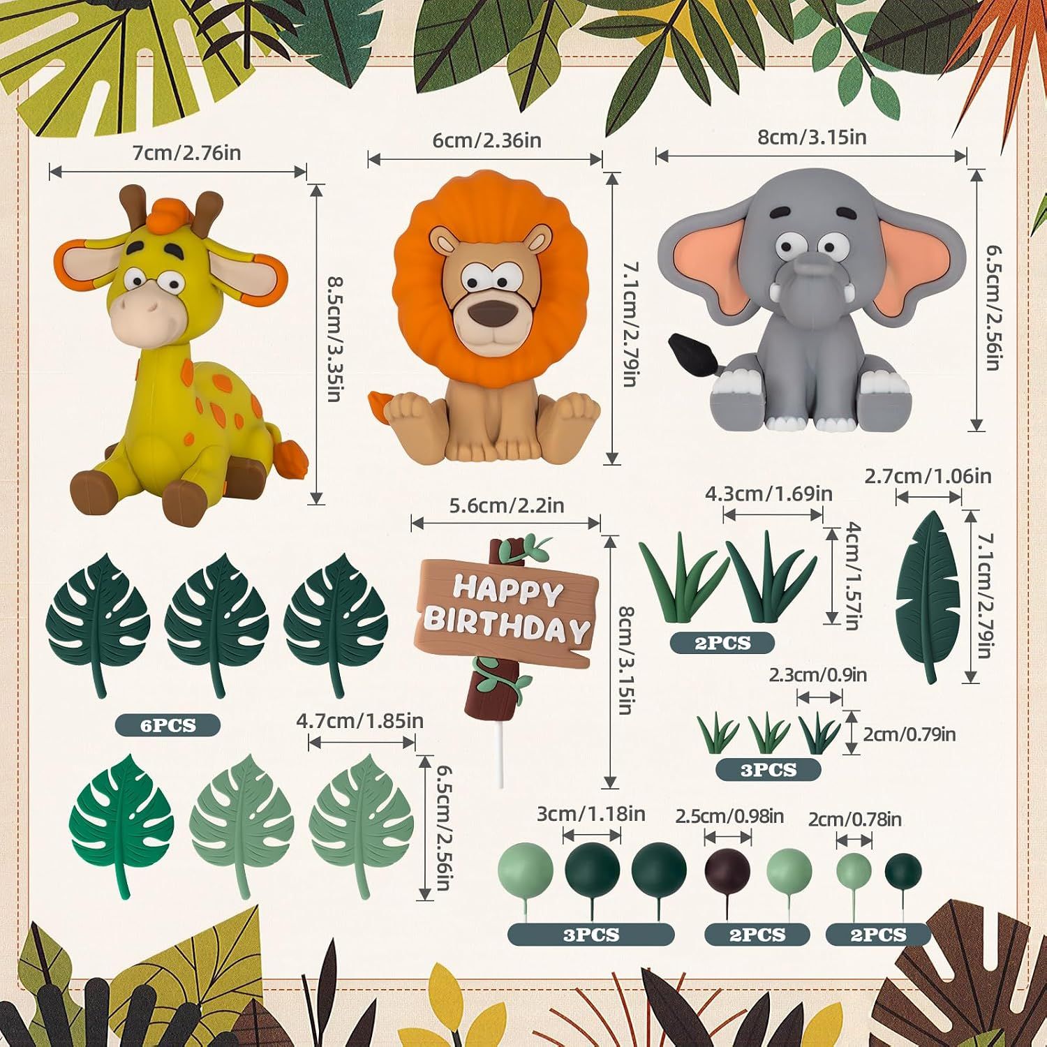 23 Piece Safari Cake Topper Set Jungle Animal Design