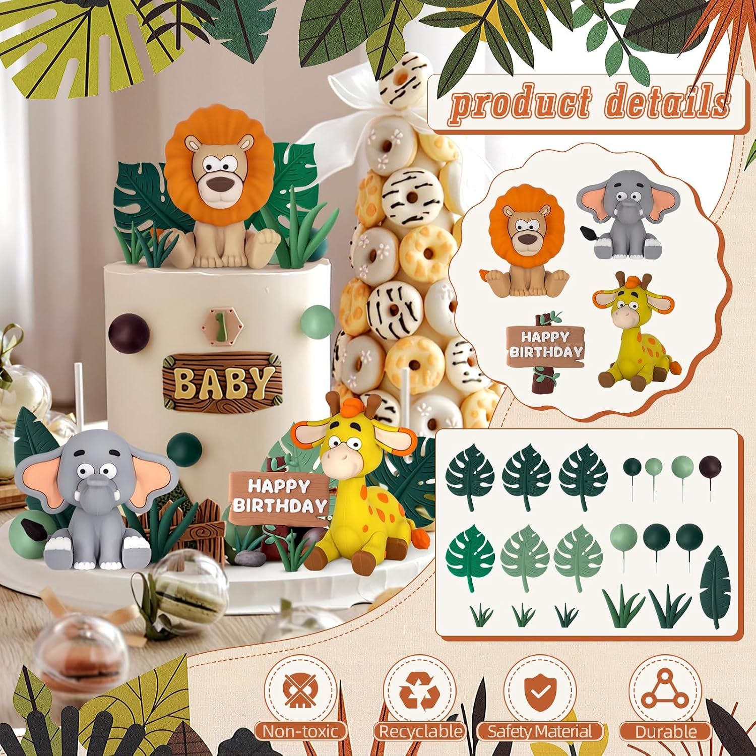 23 Piece Safari Cake Topper Set Jungle Animal Design