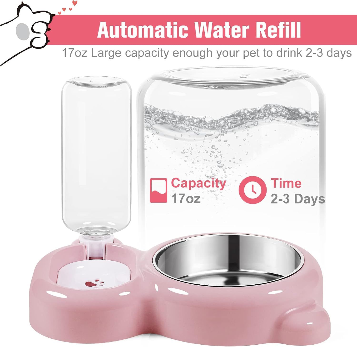 Cat Food and Water Bowl 2 in 1 with Automatic Water Dispenser Pink, 500 ml