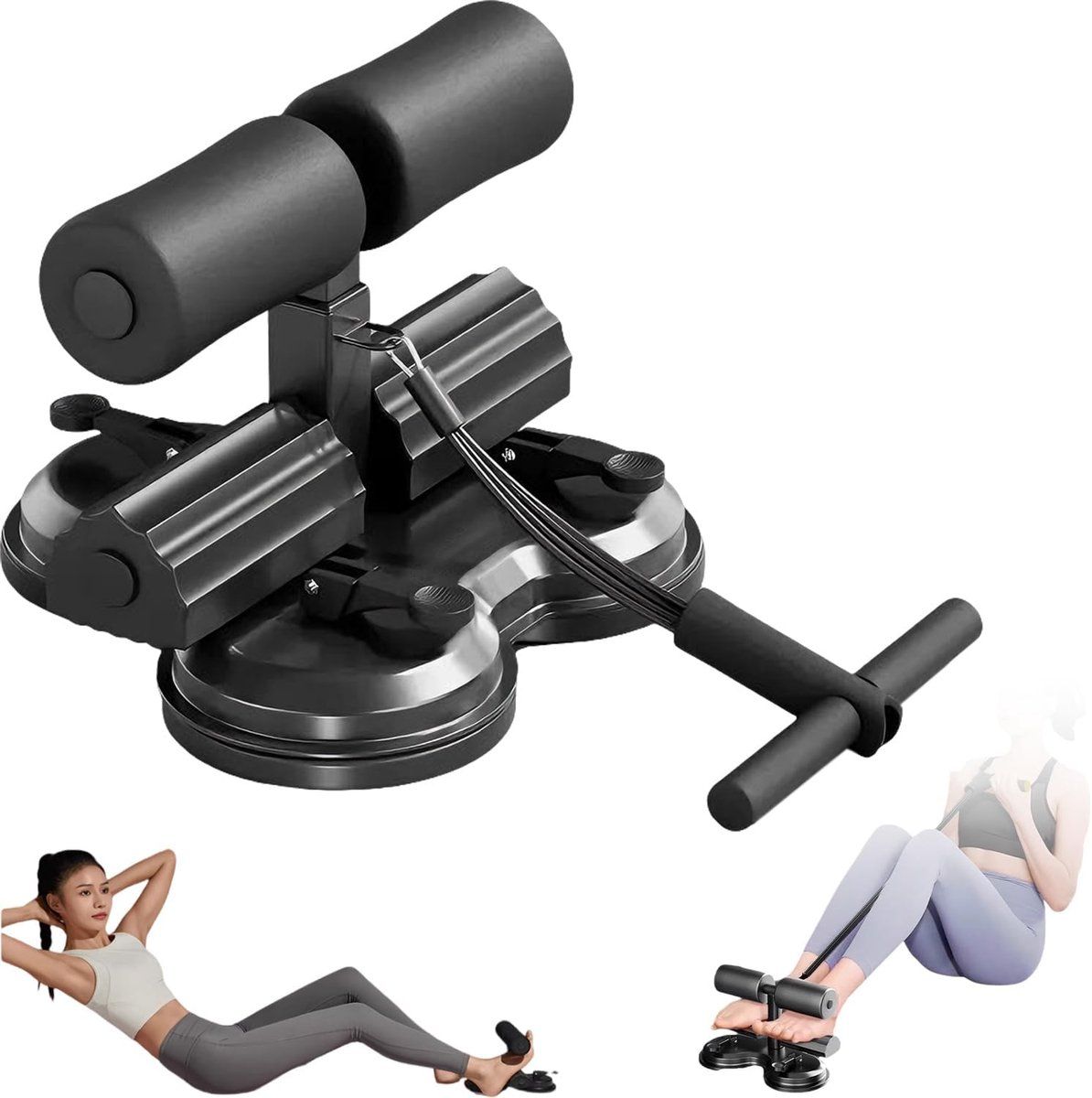 Adjustable Abdominal Trainer with 3 Suction Cups, Portable Sit Up Exercise Device with Resistance Band for Home Gym, Black