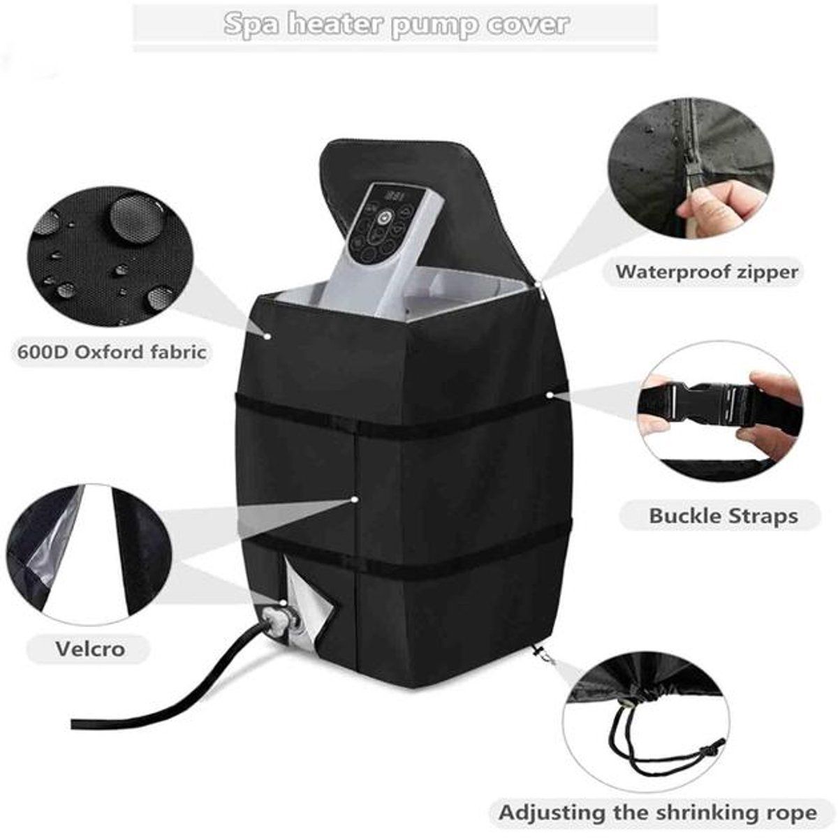 Hot Tub Pump Cover, Waterproof Insulated Protective Cover with Zipper for Outdoor Spa, 420D Oxford, Dustproof and Waterproof, Black, 43x38x54 cm