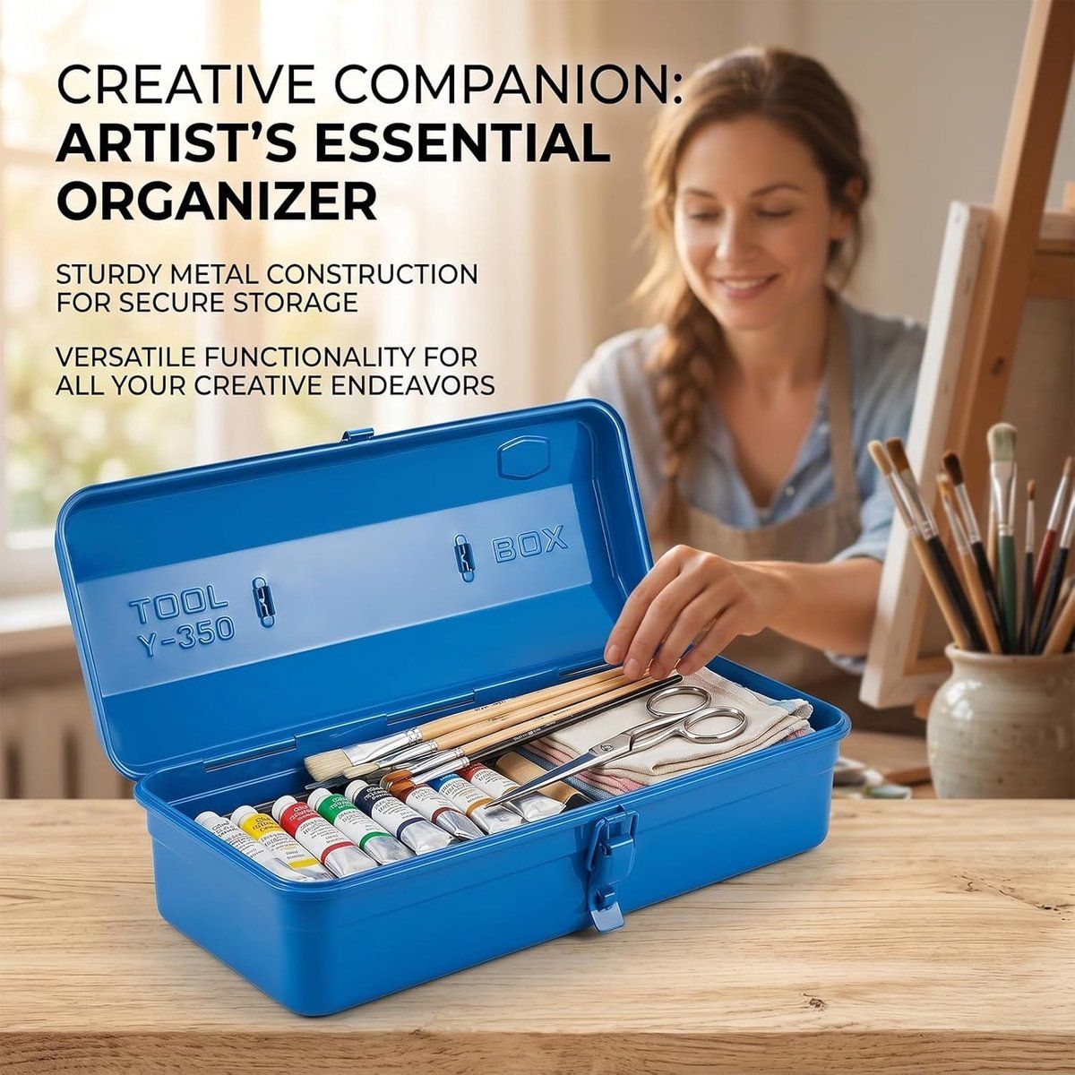 Portable Metal Tool Box with Lock for Home Workshop Tool Storage and Transport, 37 x 16 x 12 cm