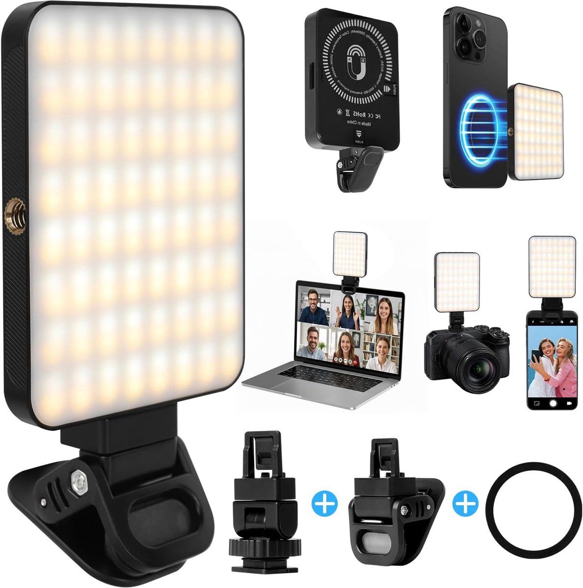 Magnetic Selfie Light, Rechargeable LED Fill Light with 3 Light Modes and 2000 mAh Battery, Portable Clip Light for Phone, Laptop, Camera