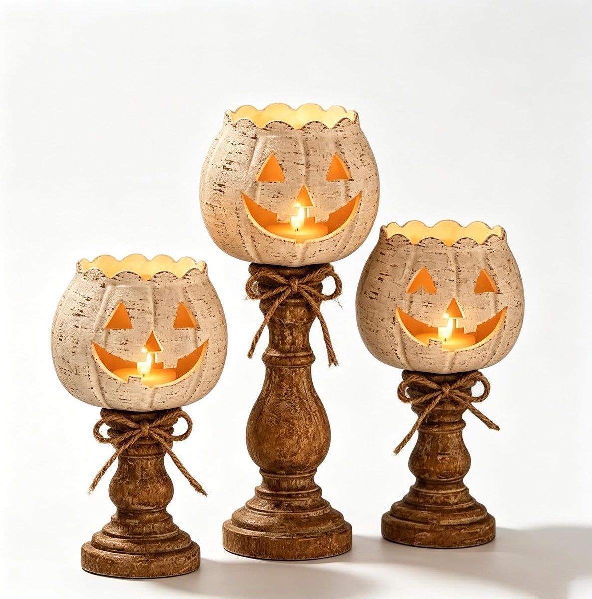3 Piece White Pumpkin Tealight Holder Set, Resin Halloween Candle Holder Decoration with LED Candles
