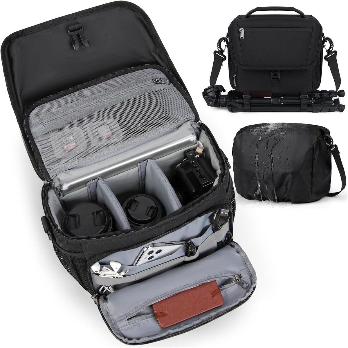 Anti-Theft Camera Shoulder Bag, Waterproof Polyester DSLR Camera Bag with Padded Compartments for Camera, Lenses and Tripod, Black