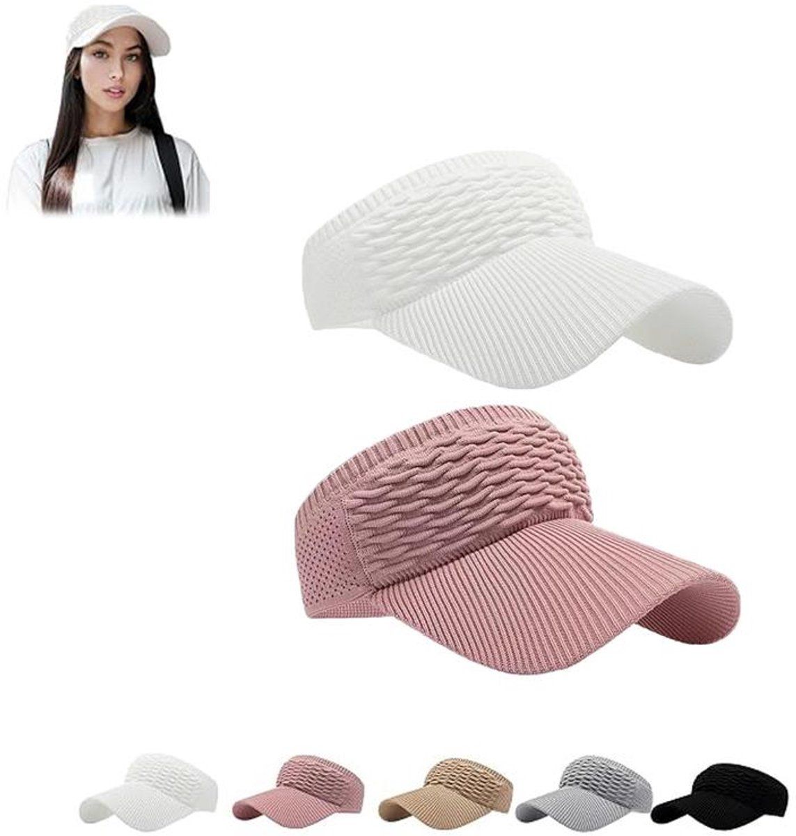 Sun Visor Hat for Women, UV Protection Wide Brim Knitted Quick Dry Sports Cap with Ponytail Hole, White and Pink, One Size