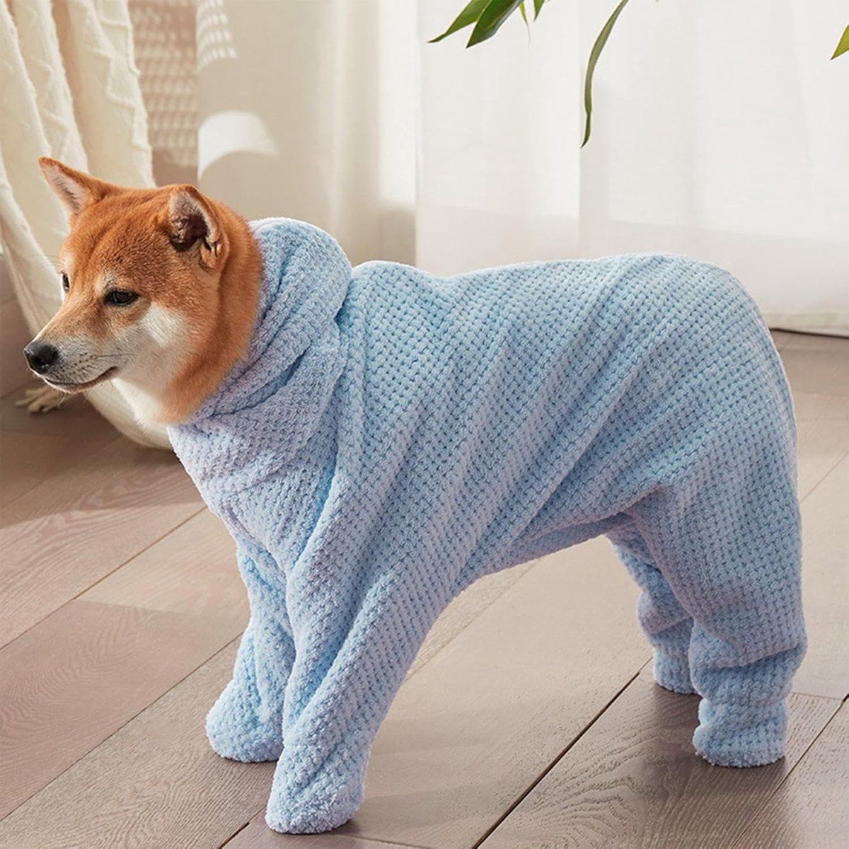 Plush Dog Bathrobe Quick Drying Ultra Absorbent Pet Drying Coat for Home Grooming Blue, Size L