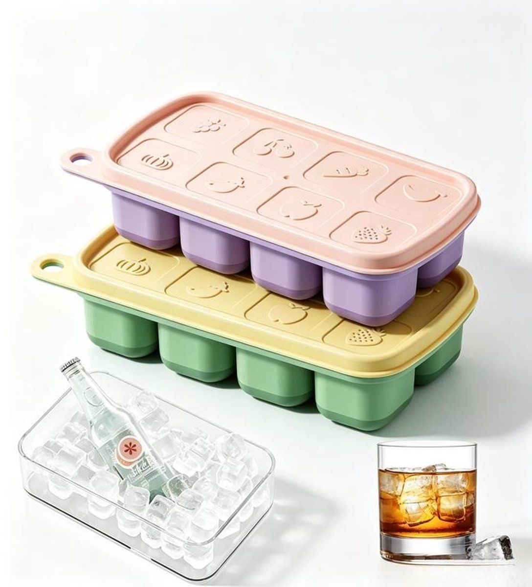 2 Pack Silicone Ice Cube Trays with Lid, BPA Free Easy Release for Whiskey Cocktails Baby Food, 15 x 4 x 7 cm
