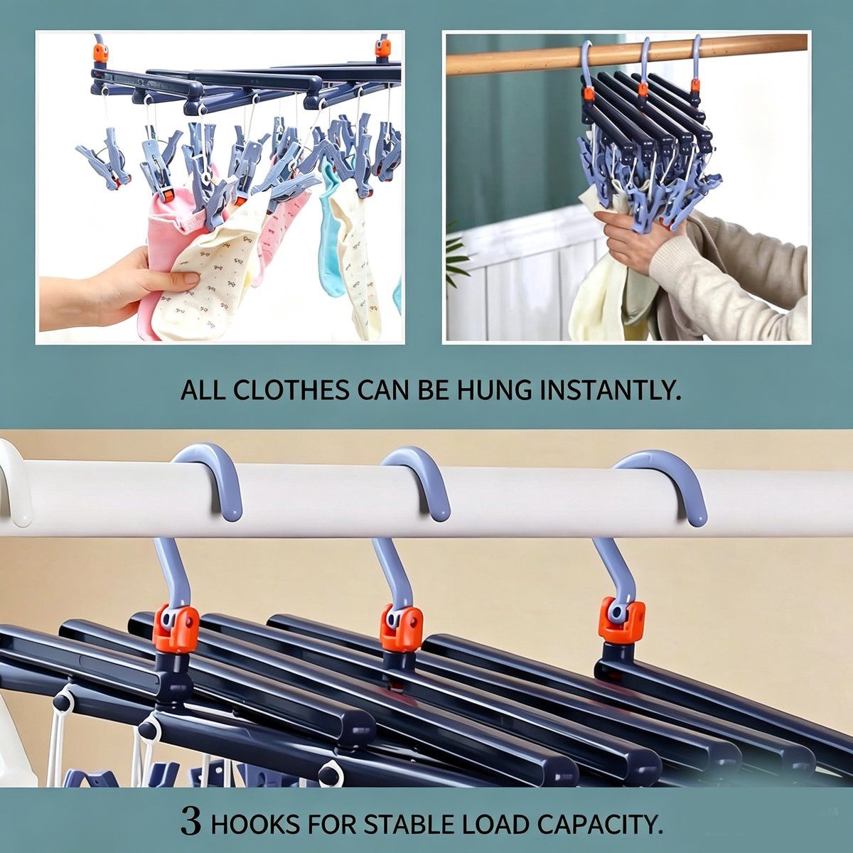 Foldable Sock Drying Rack with 360° Swivel Hook, Foldable Laundry Hanger with Clips for Wet and Dry Clothes, Compact Portable Clothes Drying Rack, Green