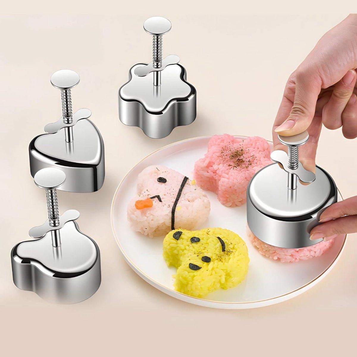 4Pcs Stainless Steel Rice Ball Molds Set, Sushi Maker Molds with Bear Flower Heart Ball Shapes for Kids Snacks