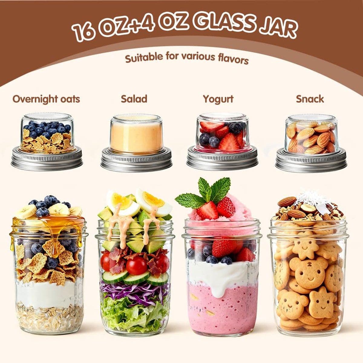 Overnight Oats Cups Double Walled Glass Mason Jars with Compartment for Yogurt Cereal and Fruit 2 Pack