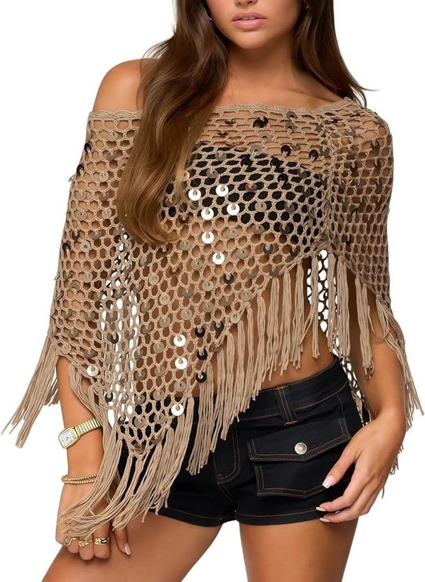 Crochet Sequin Poncho for Women, Off Shoulder Beach Cover Up with Tassels, Handmade Swimsuit Wrap, Khaki