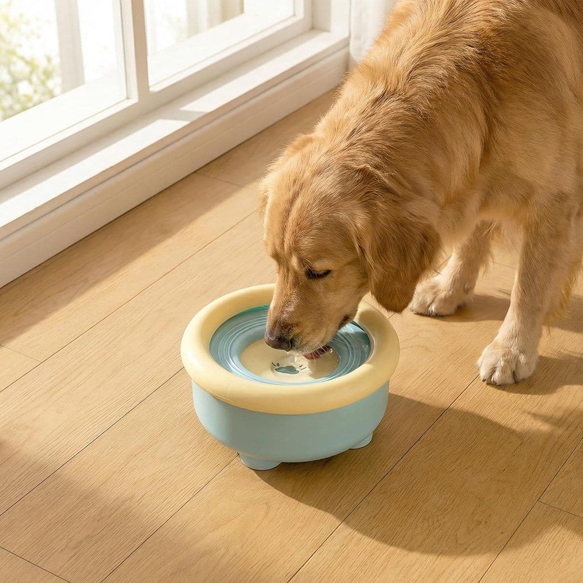 Spill-Proof Splash-Free Pet Water Bowl with Floating Disc, Slow Feeder for Cats and Dogs, 1.5 L, Blue