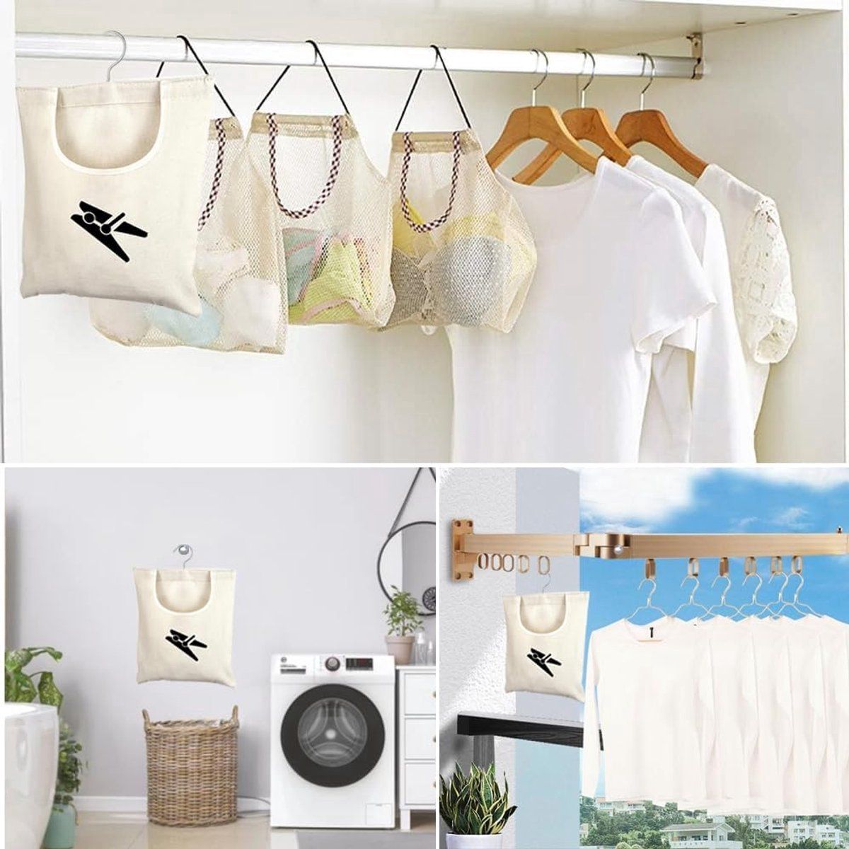 100 Clothes Pegs Capacity Canvas Clothes Peg Bag with Stainless Steel Hook for Indoor Outdoor Use, 30 x 26 cm