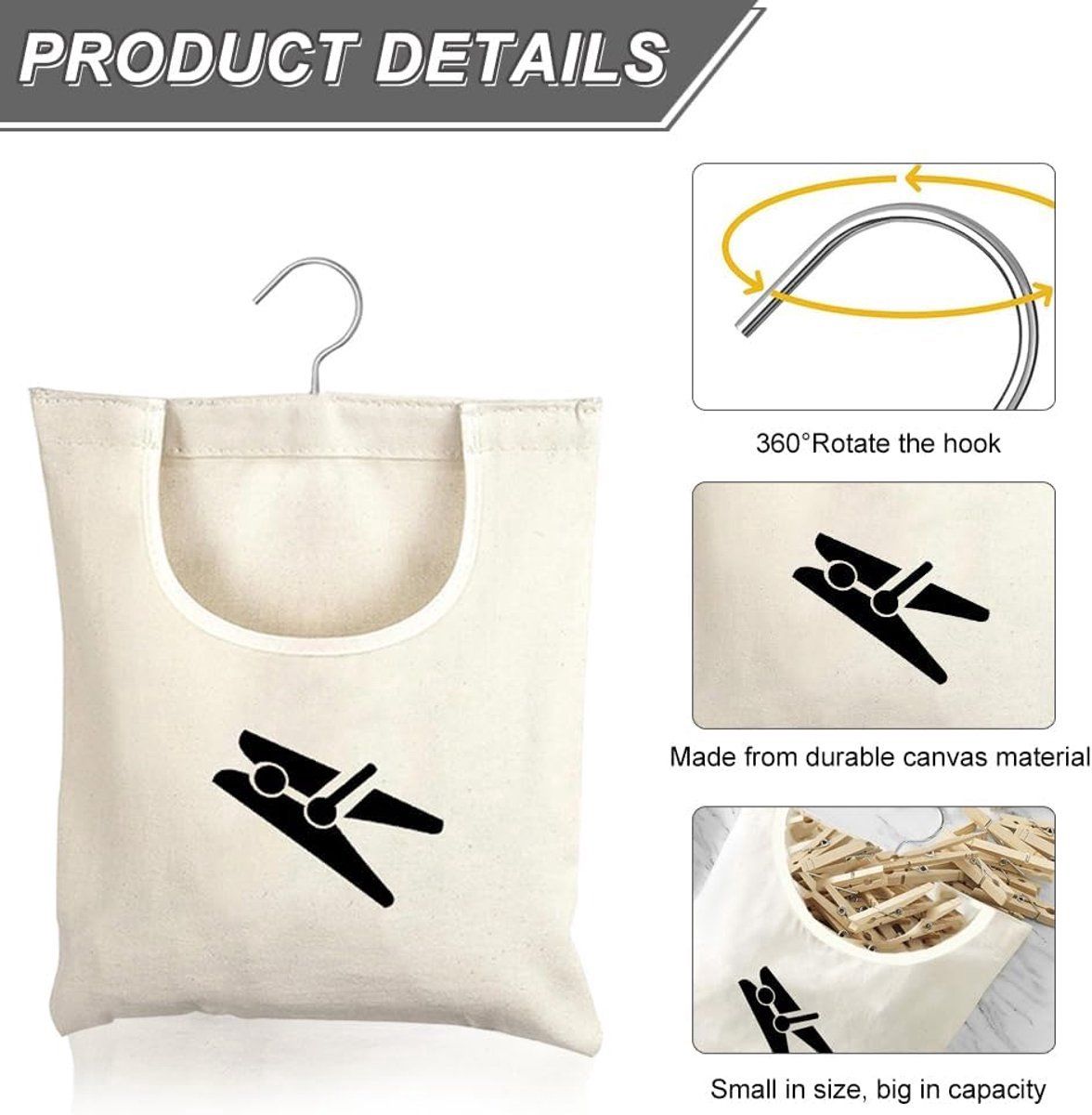 100 Clothes Pegs Capacity Canvas Clothes Peg Bag with Stainless Steel Hook for Indoor Outdoor Use, 30 x 26 cm