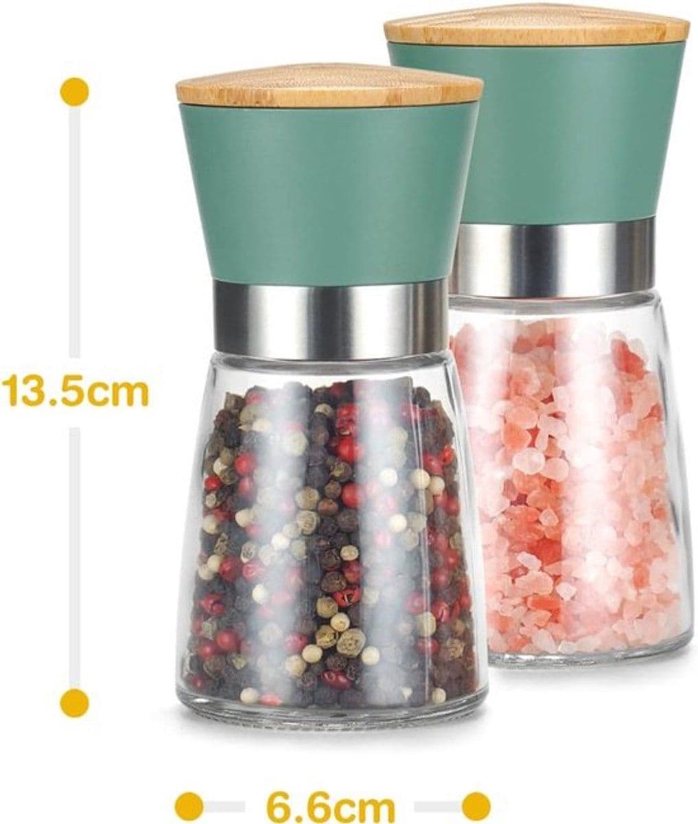 Salt and Pepper Grinder Set Ceramic Core 2 Piece Green with Bamboo Lid