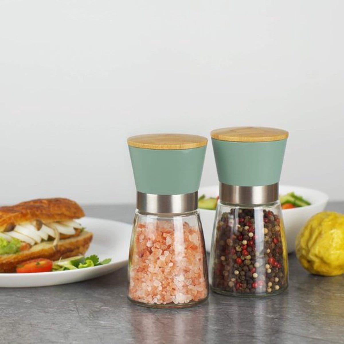 Salt and Pepper Grinder Set Ceramic Core 2 Piece Green with Bamboo Lid