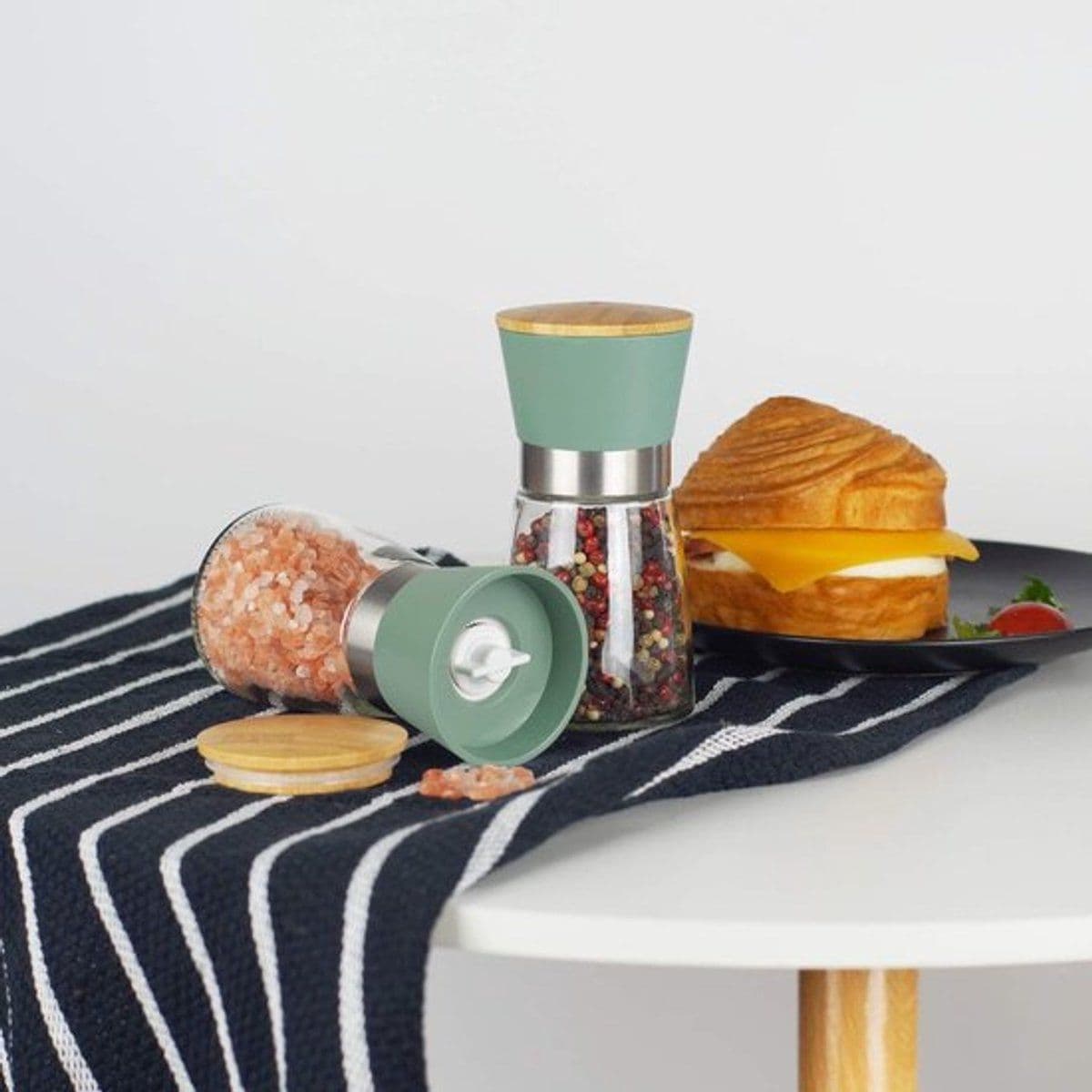 Salt and Pepper Grinder Set Ceramic Core 2 Piece Green with Bamboo Lid