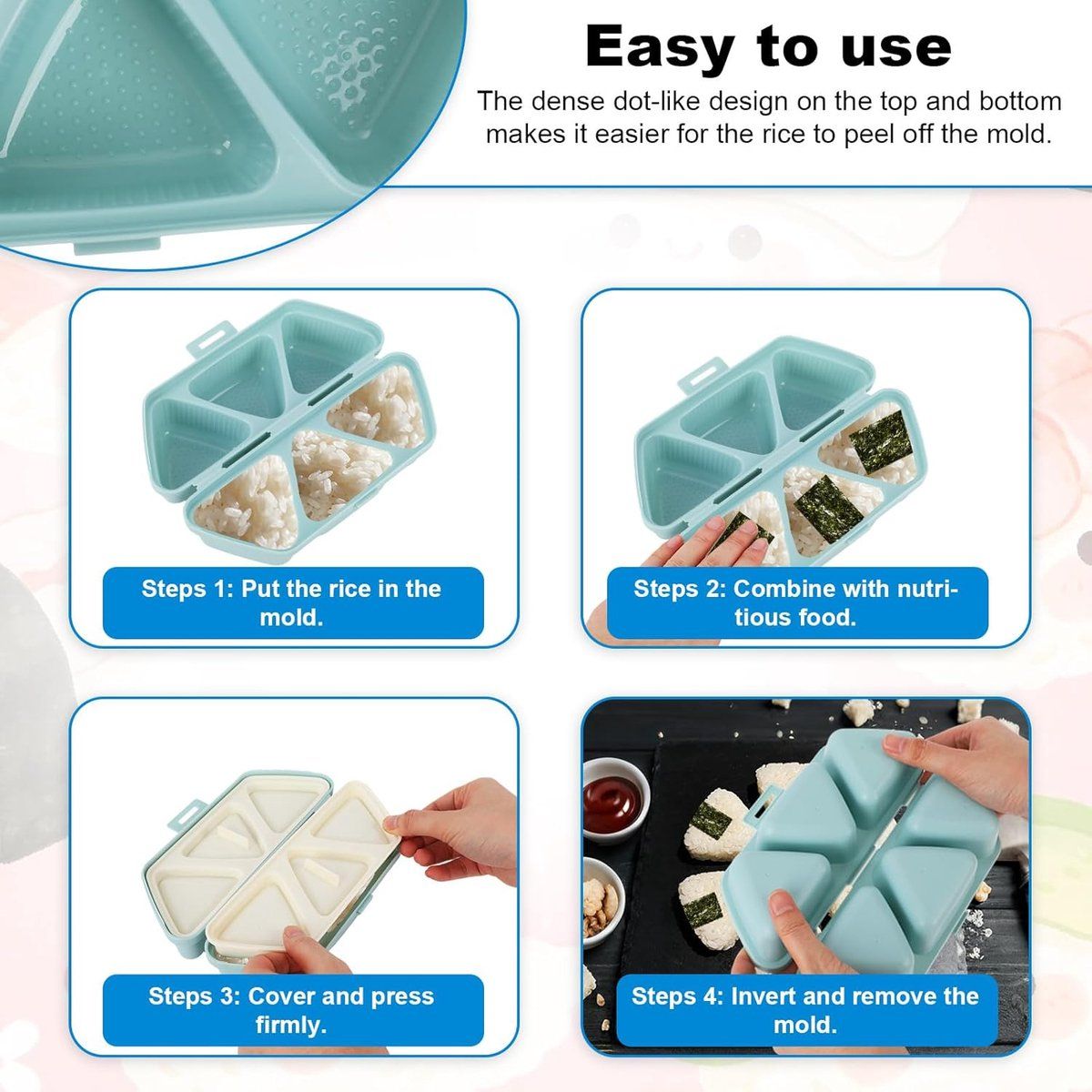 6 in 1 Sushi Maker Kit, Onigiri Mold Triangular Rice Ball Maker with Spoon, Bento Lunch Box Press for Picnic, Blue
