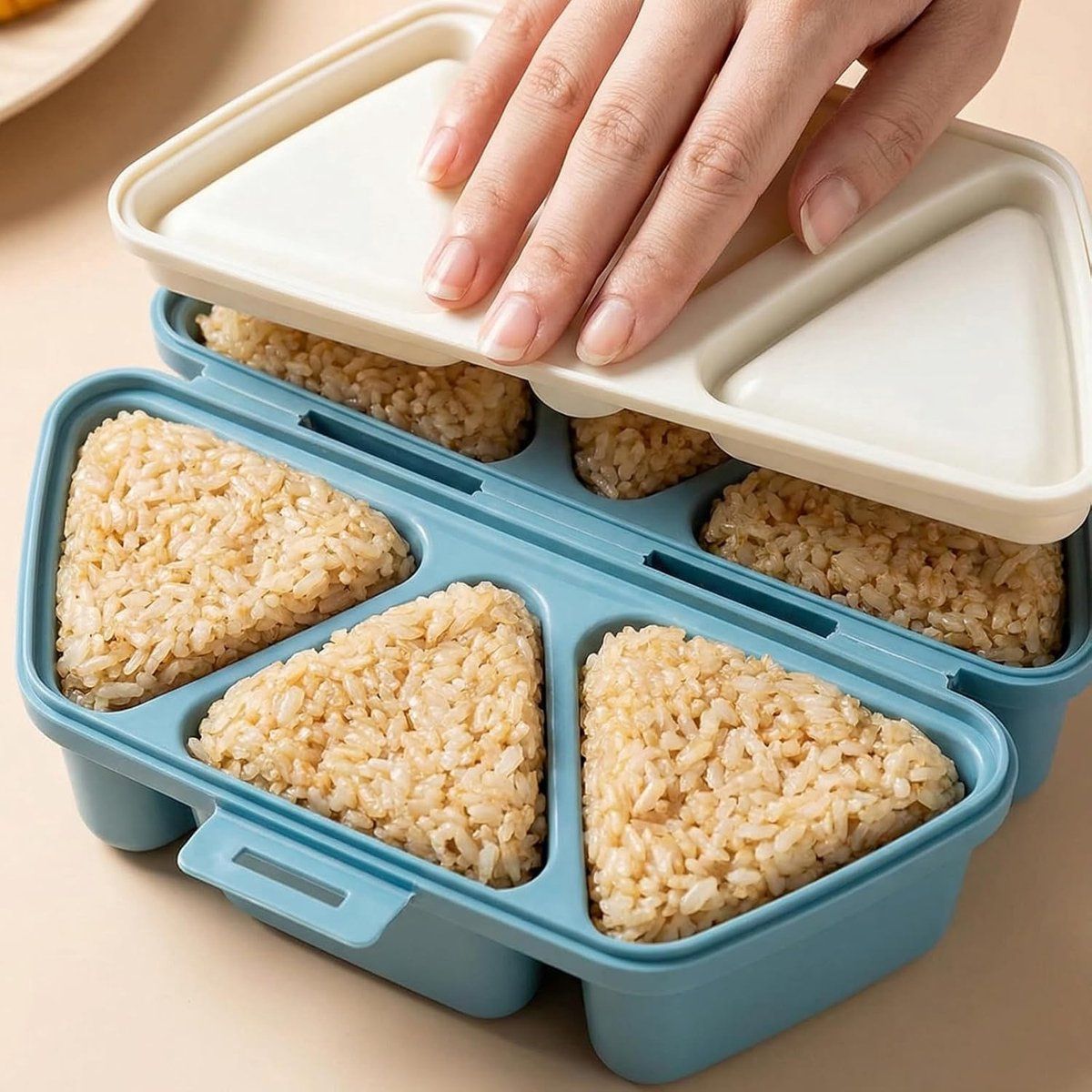 6 in 1 Sushi Maker Kit, Onigiri Mold Triangular Rice Ball Maker with Spoon, Bento Lunch Box Press for Picnic, Blue
