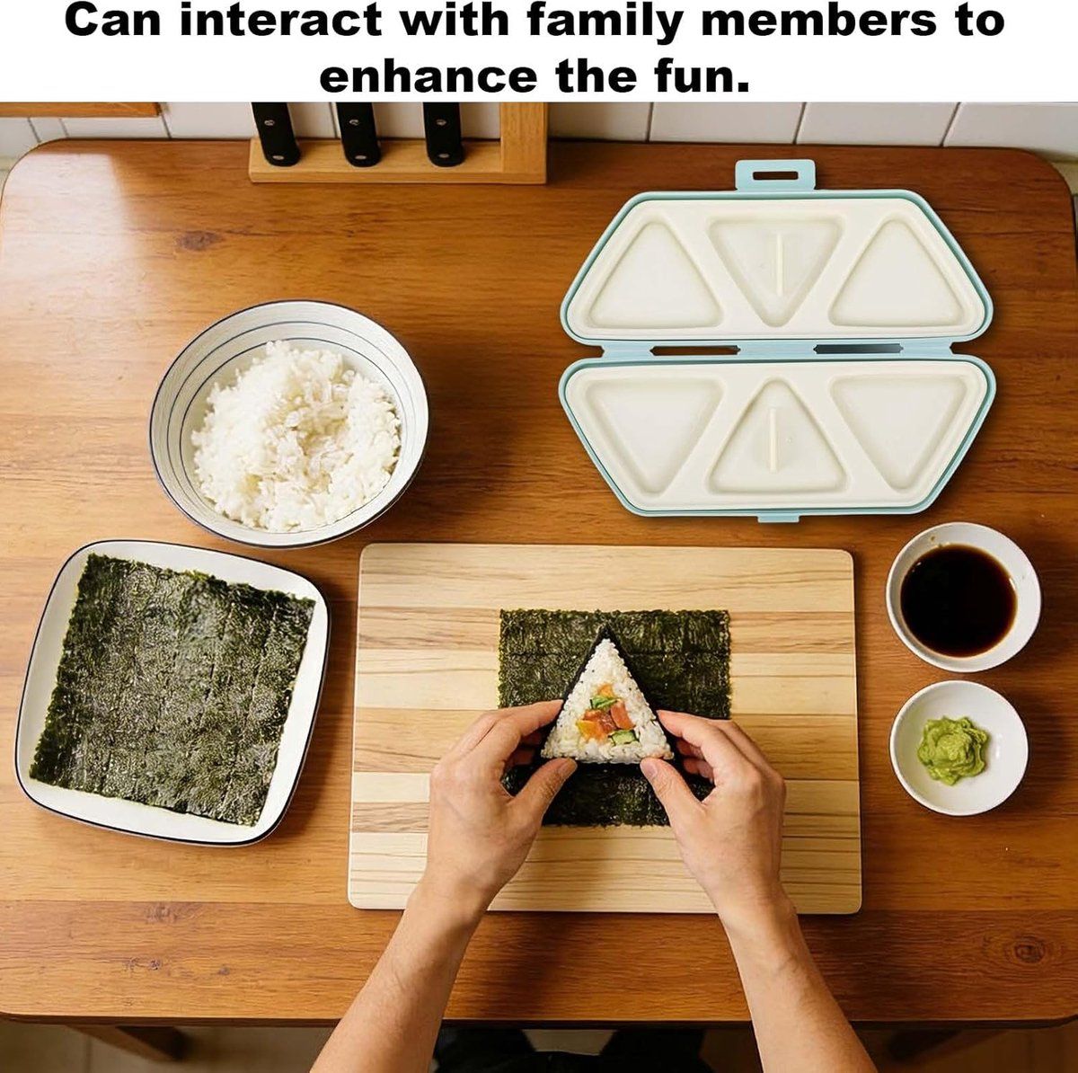 6 in 1 Sushi Maker Kit, Onigiri Mold Triangular Rice Ball Maker with Spoon, Bento Lunch Box Press for Picnic, Blue