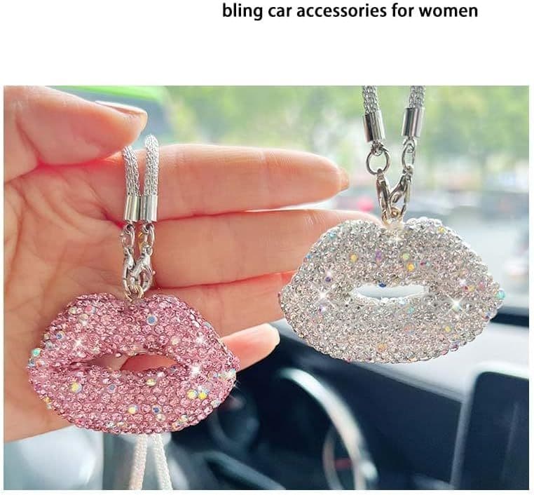 Car Interior Accessories Crystal Rear View Mirror Ornament Kiss Lip Design Pink