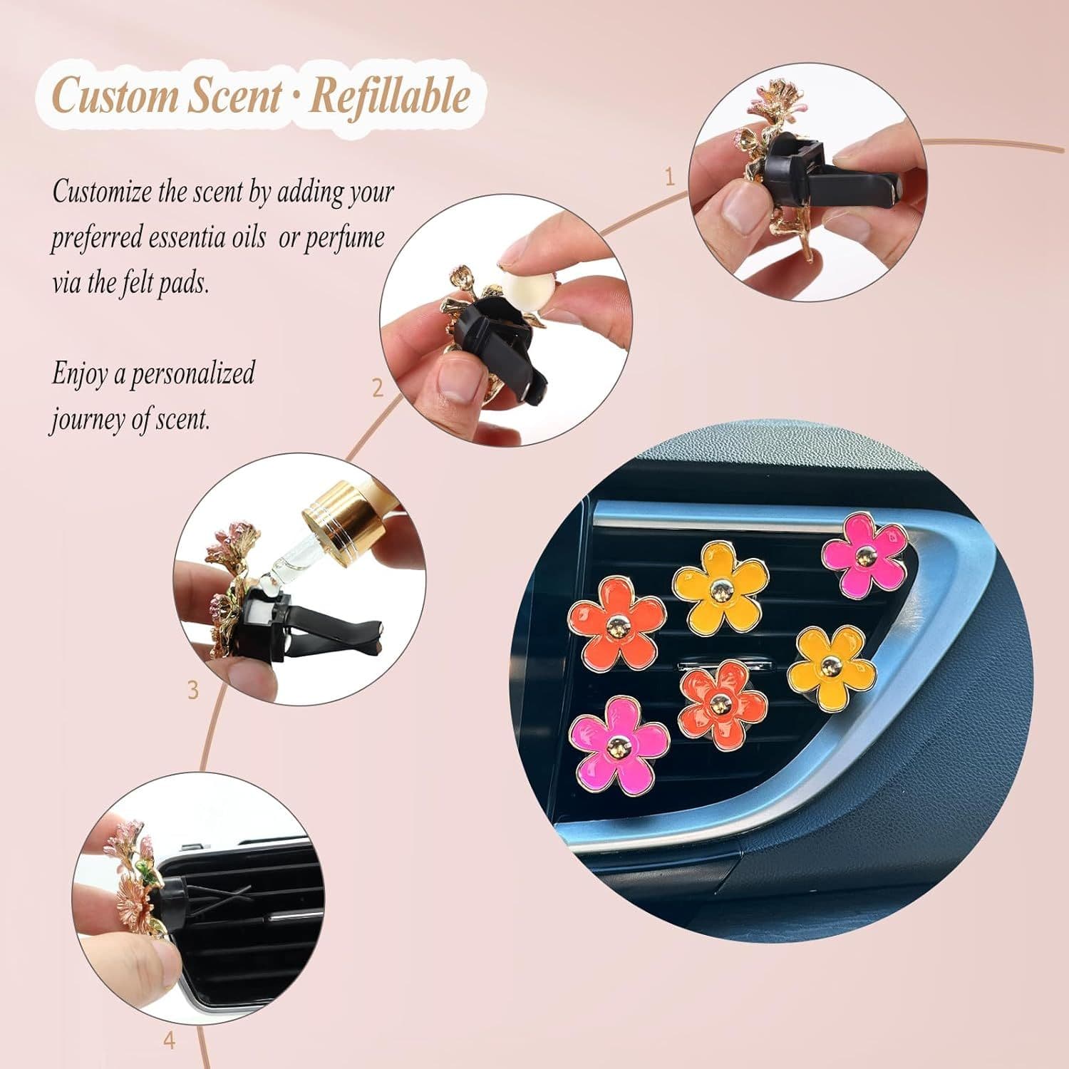 6pcs Flower Air Freshener Vent Clips,Pink Yellow Orange Daisy Car Decor Accessories for Women,3.3cm/3cm Girly Refillable Diffuser