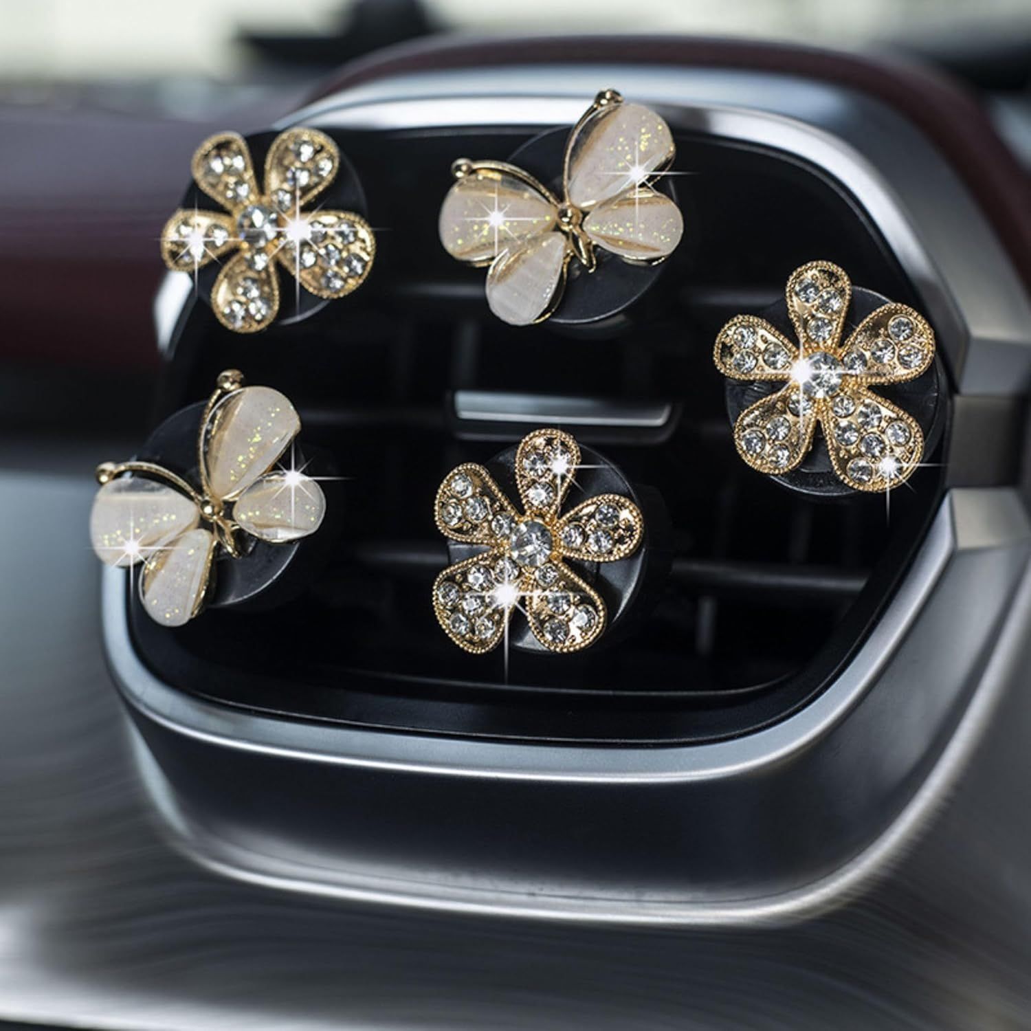 5Pcs Bling Butterfly & Flower Car Air Vent Clips, Rhinestone Car Air Freshener, Luxury Car Interior Decor Accessories for Women