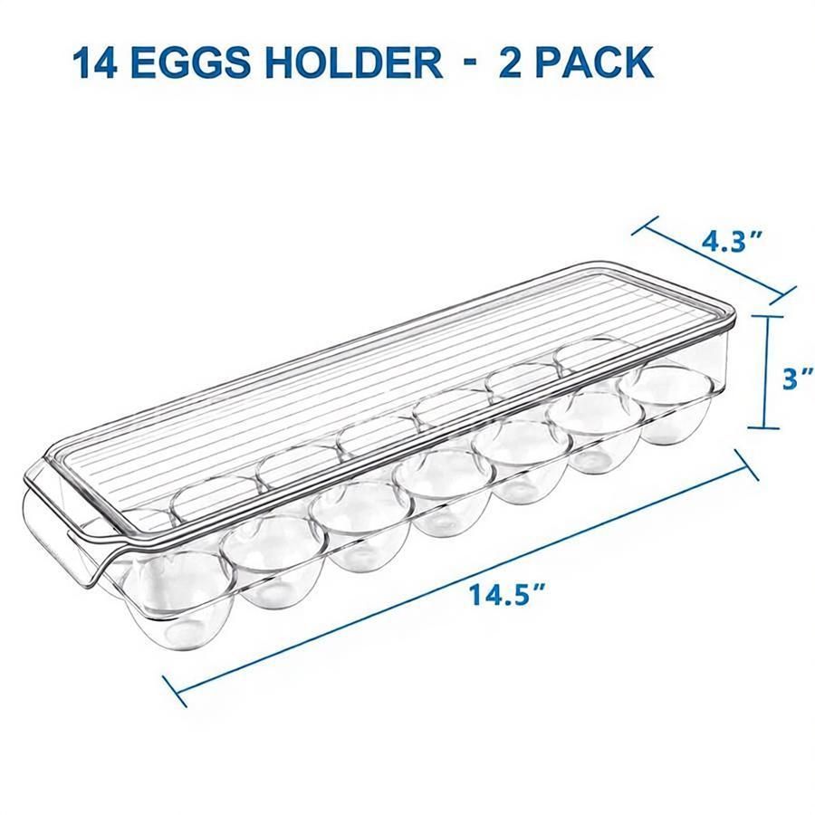 Pack of 2 - Egg Basket for fridge - Egg Holder for Fridge - 14 Egg Container With Lid & Handle, Egg Container For Refrigerator, Stackable Plastic Egg Tray with Lids (Clear)