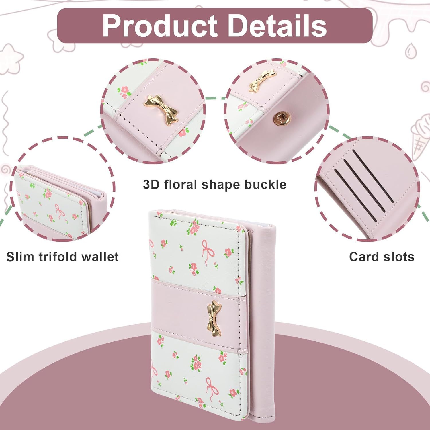 Pink Wallet for Women Floral Coquette Small Bow Wallet Cute Bifold Zipper Purse Aesthetic Credit Card Holder Purse Mini Kawaii Coin Purse with ID Window