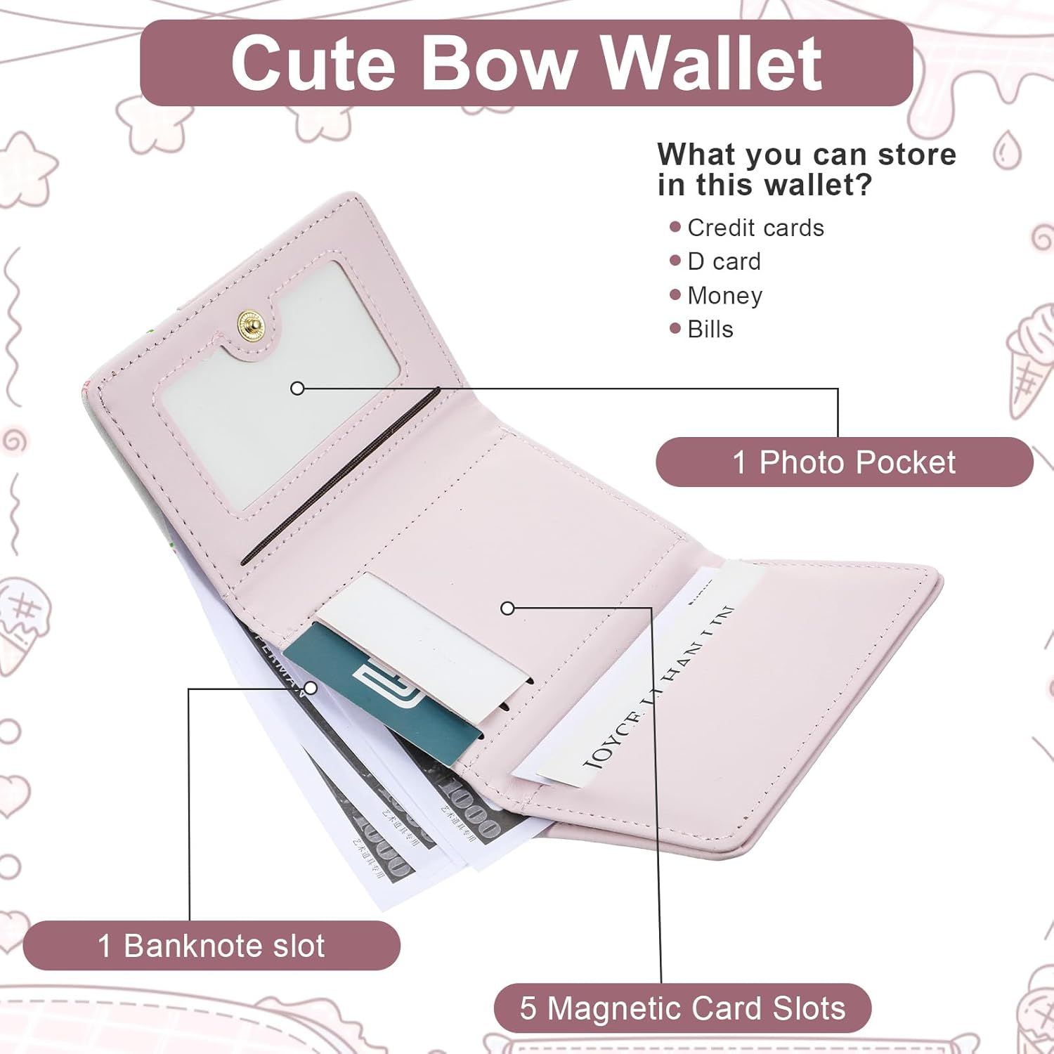 Pink Wallet for Women Floral Coquette Small Bow Wallet Cute Bifold Zipper Purse Aesthetic Credit Card Holder Purse Mini Kawaii Coin Purse with ID Window