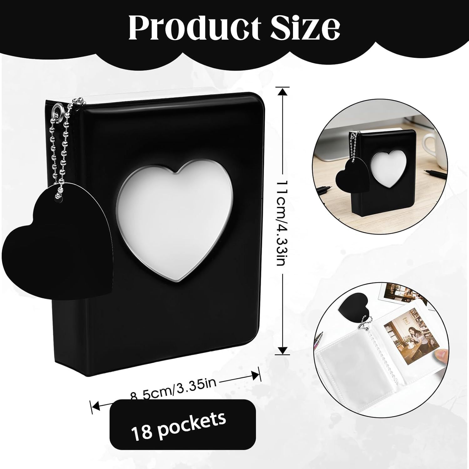 Mini Photo Album,3 Inch Photocard Book Heart Hollow Cover Photocard Binder 36 Pockets for Collect and Protect Photos (Black)