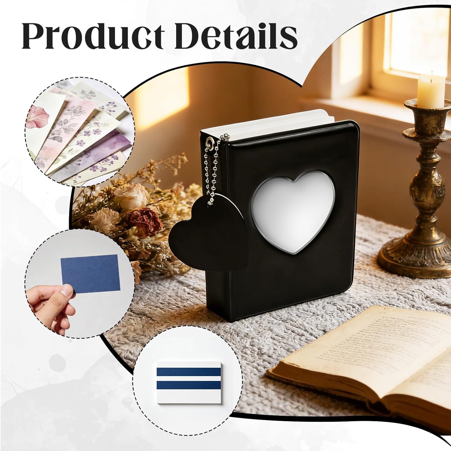 Mini Photo Album,3 Inch Photocard Book Heart Hollow Cover Photocard Binder 36 Pockets for Collect and Protect Photos (Black)