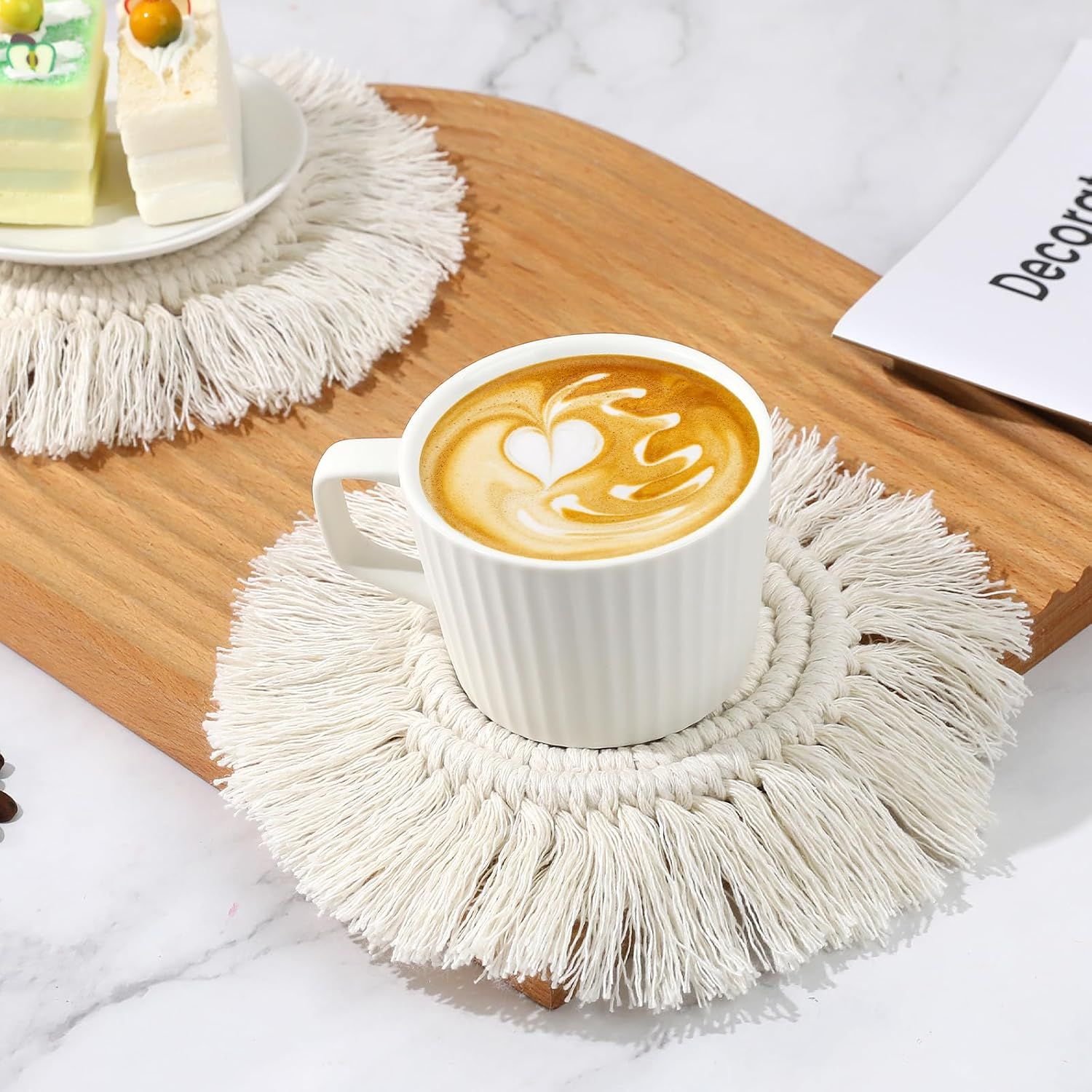Boho Coasters for Drinks Absorbent Crochet Coasters Round Boho Coaster Set of 2 Housewarming Gift Bar Coffee Table Office Desk Decor, White