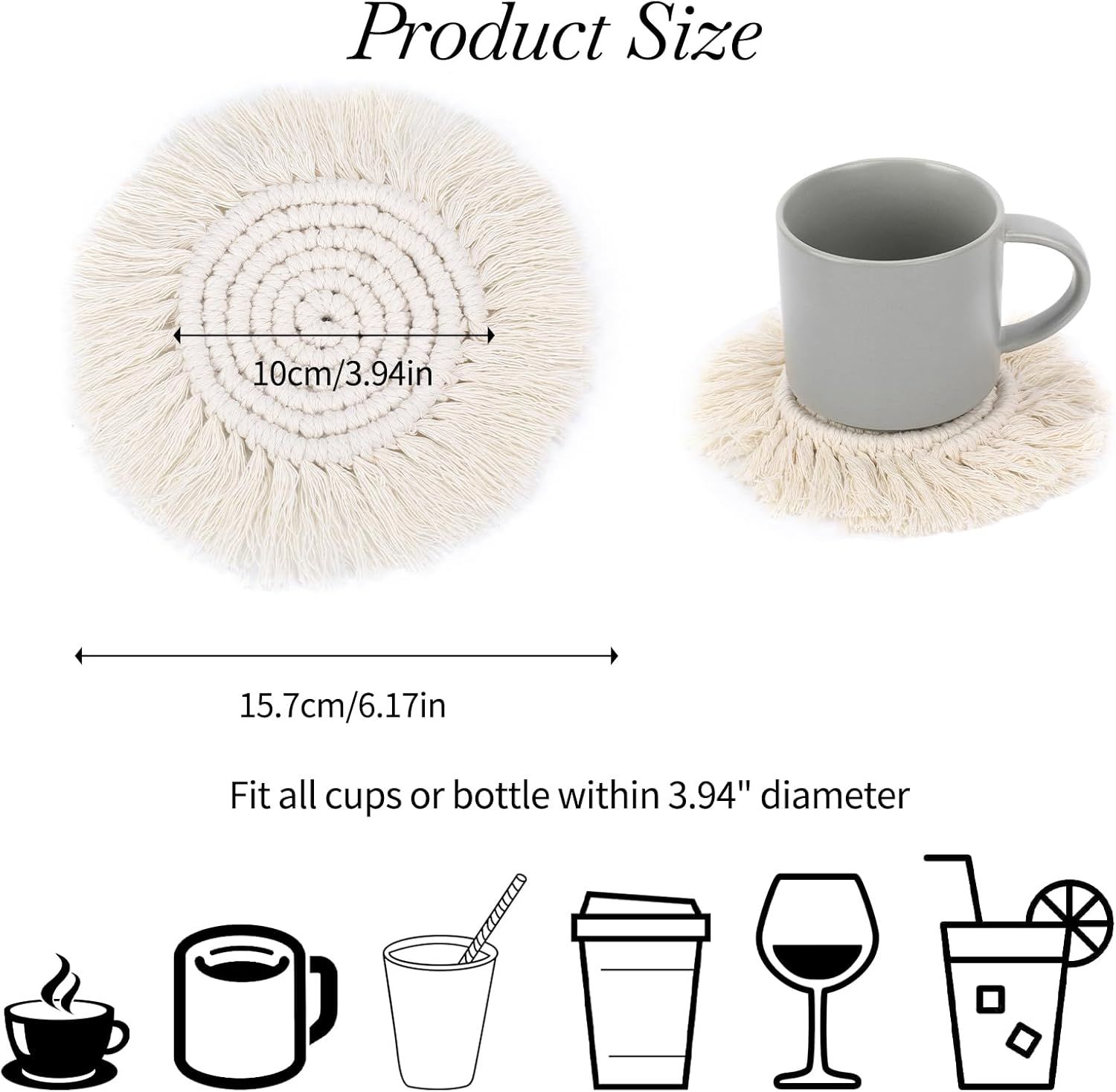 Boho Coasters for Drinks Absorbent Crochet Coasters Round Boho Coaster Set of 2 Housewarming Gift Bar Coffee Table Office Desk Decor, White
