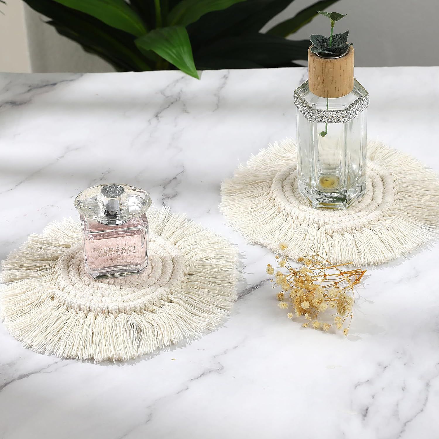 Boho Coasters for Drinks Absorbent Crochet Coasters Round Boho Coaster Set of 2 Housewarming Gift Bar Coffee Table Office Desk Decor, White