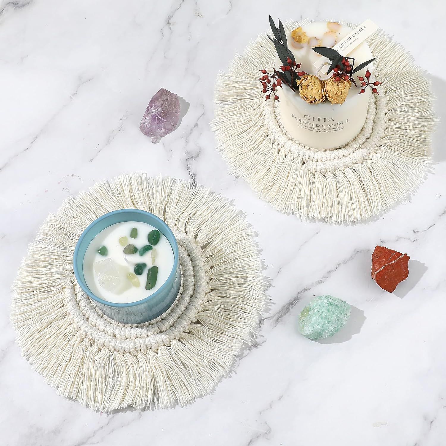 Boho Coasters for Drinks Absorbent Crochet Coasters Round Boho Coaster Set of 2 Housewarming Gift Bar Coffee Table Office Desk Decor, White