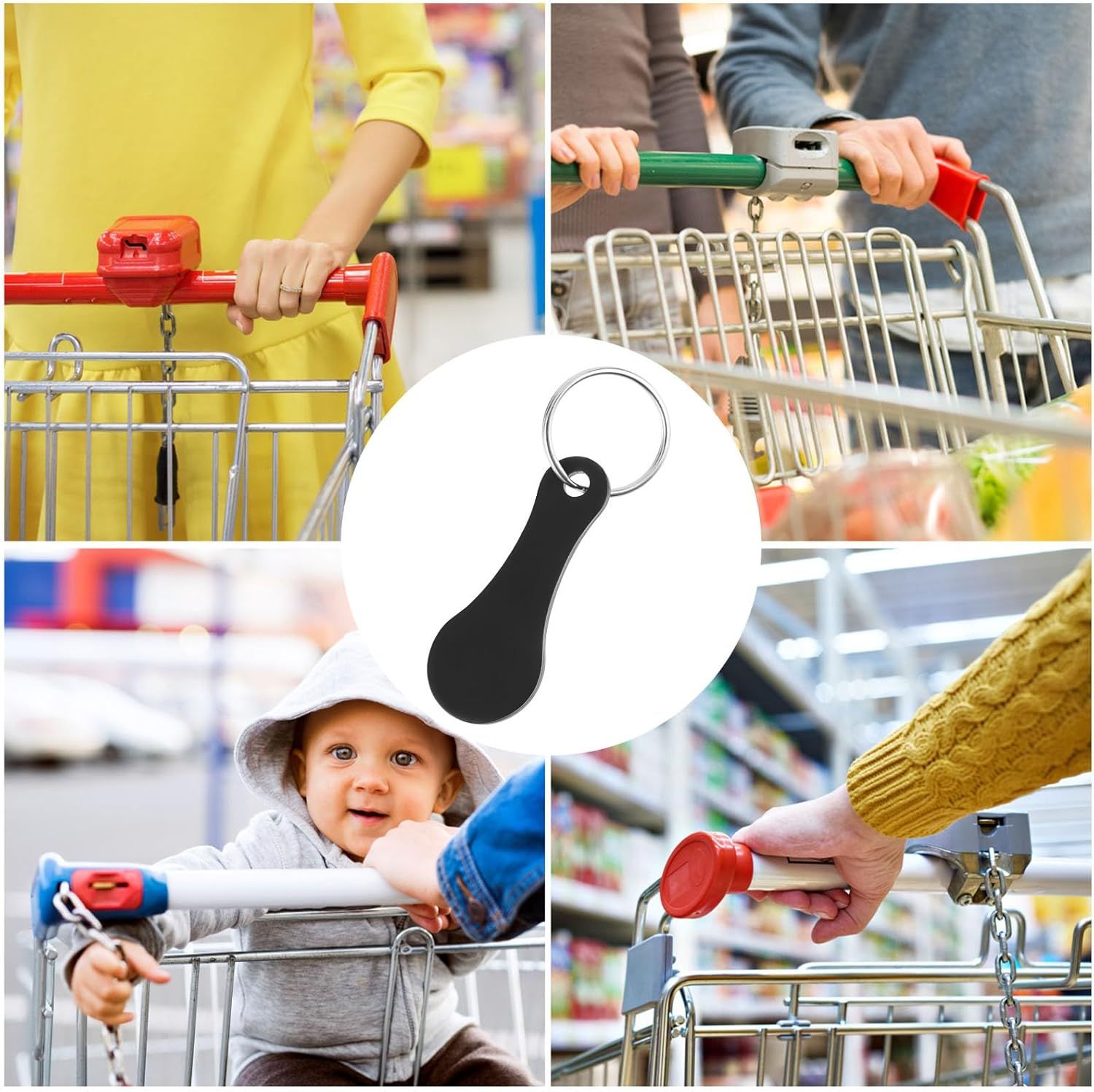 4 Pcs Stainless Steel Shopping Trolley Tokens, Portable Alloy Key Ring Quarter Holder Keychain Shopping Trolley Keyring for Men Women Shopping Cart Grocery Shopping Trolleys (Black)