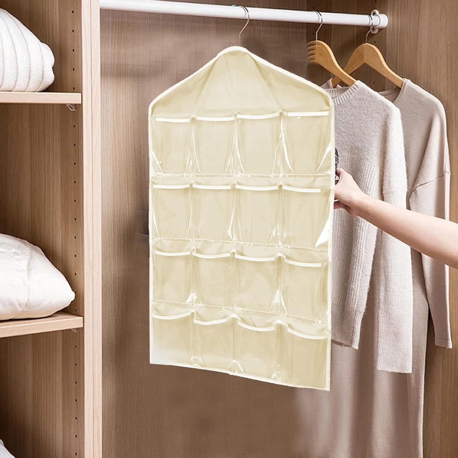 Beige Hanging Storage Bag for Closets, Portable 16 Pockets Hanging Organizer for Socks, Bras and Underwear, Closet Organizers and Storage Closet Bag, Behind the Door Organizer