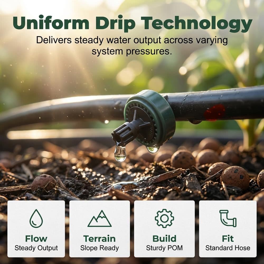 1 GPH Pressure Compensated Drippers Self-Cleaning Constant Flow Drip Irrigation Emitters for 1/4 Inch Tubing