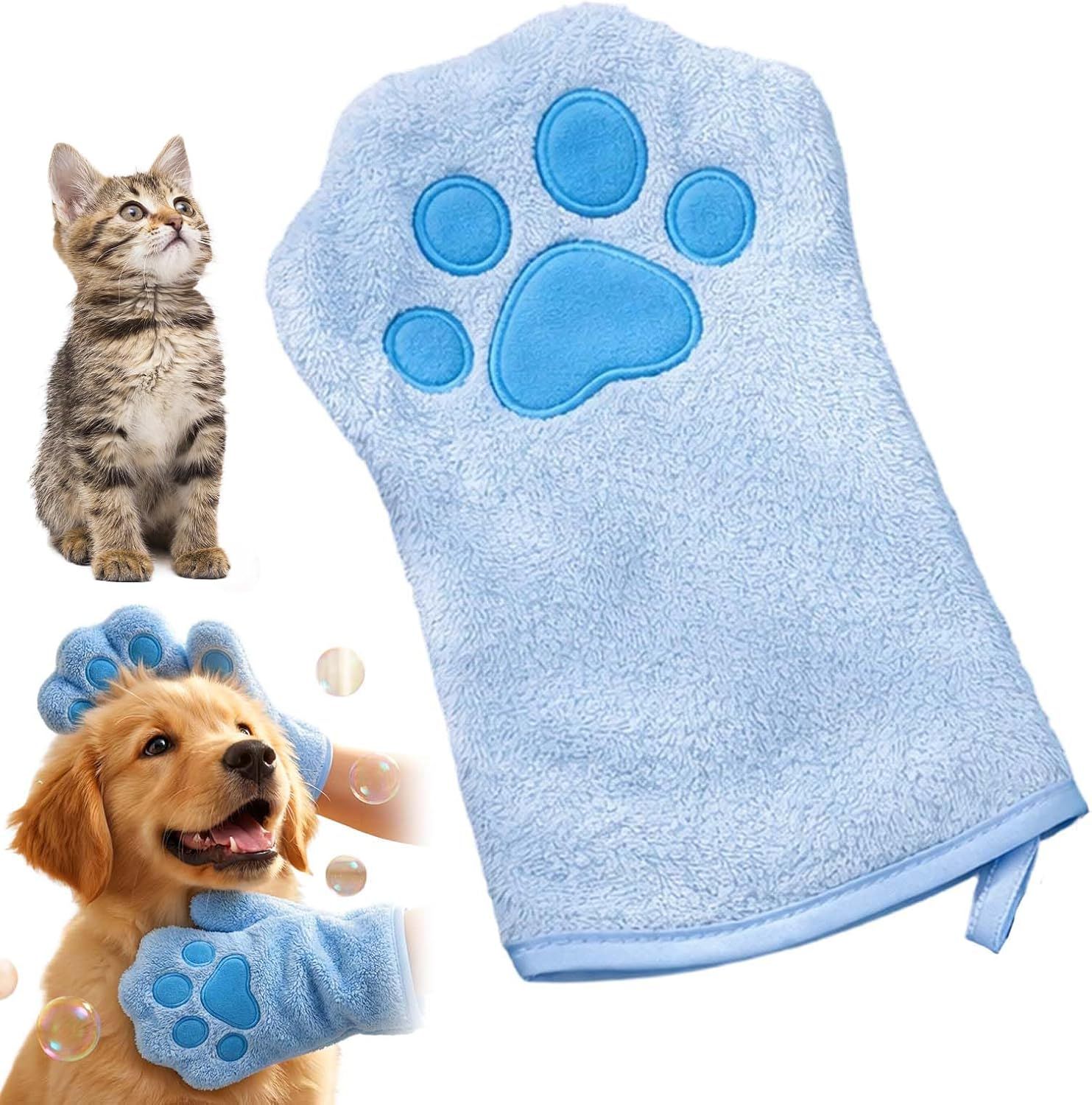 Paw Bathing Towel for Cats Puppy, Machine-Washable Reusable Pet Grooming Towel - Soft, Absorbent Quick-Dry Bath Mitt for Dirt Odor Removal, Daily Care & Travel (Blue)