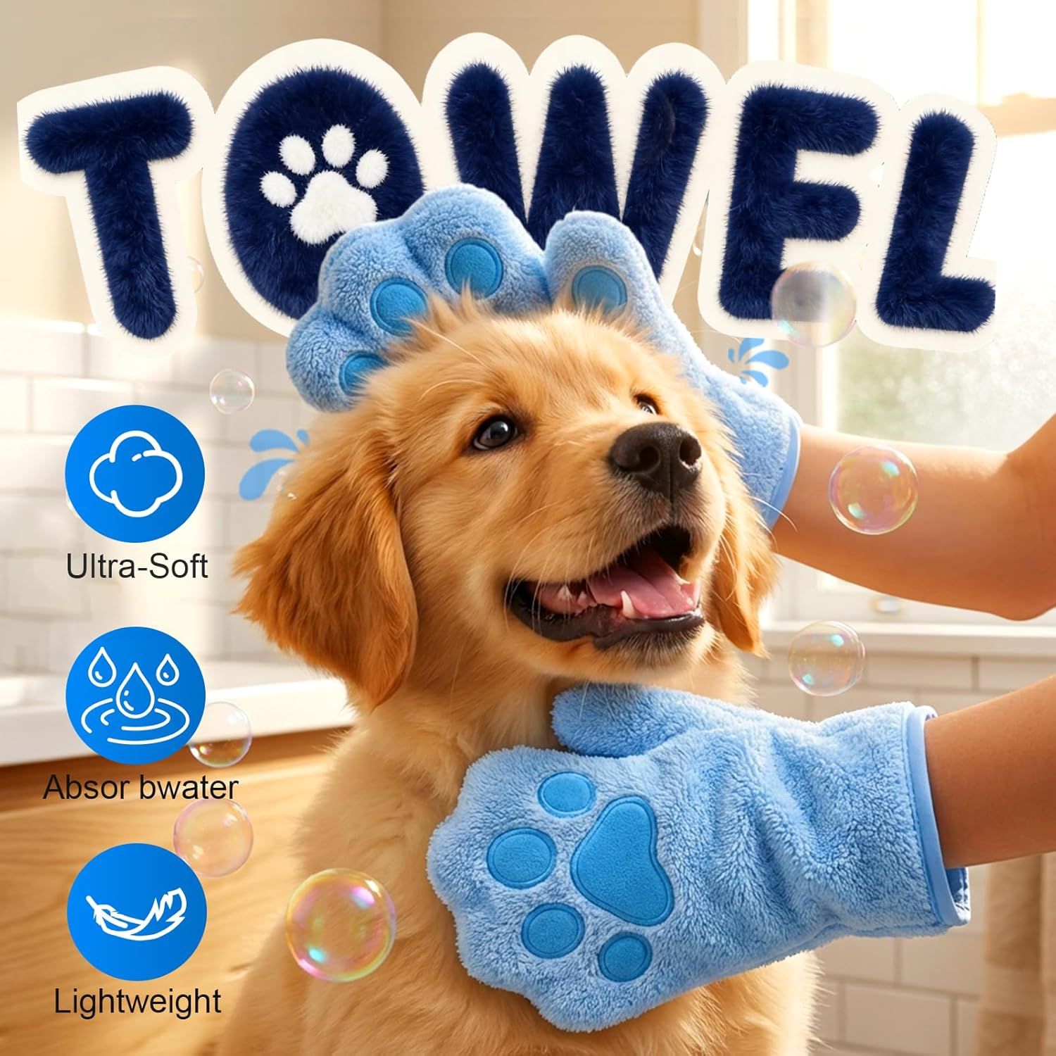 Paw Bathing Towel for Cats Puppy, Machine-Washable Reusable Pet Grooming Towel - Soft, Absorbent Quick-Dry Bath Mitt for Dirt Odor Removal, Daily Care & Travel (Blue)