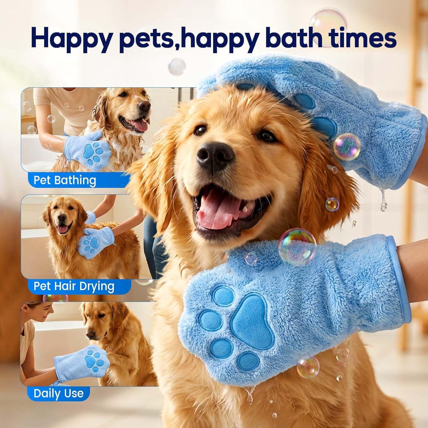 Paw Bathing Towel for Cats Puppy, Machine-Washable Reusable Pet Grooming Towel - Soft, Absorbent Quick-Dry Bath Mitt for Dirt Odor Removal, Daily Care & Travel (Blue)