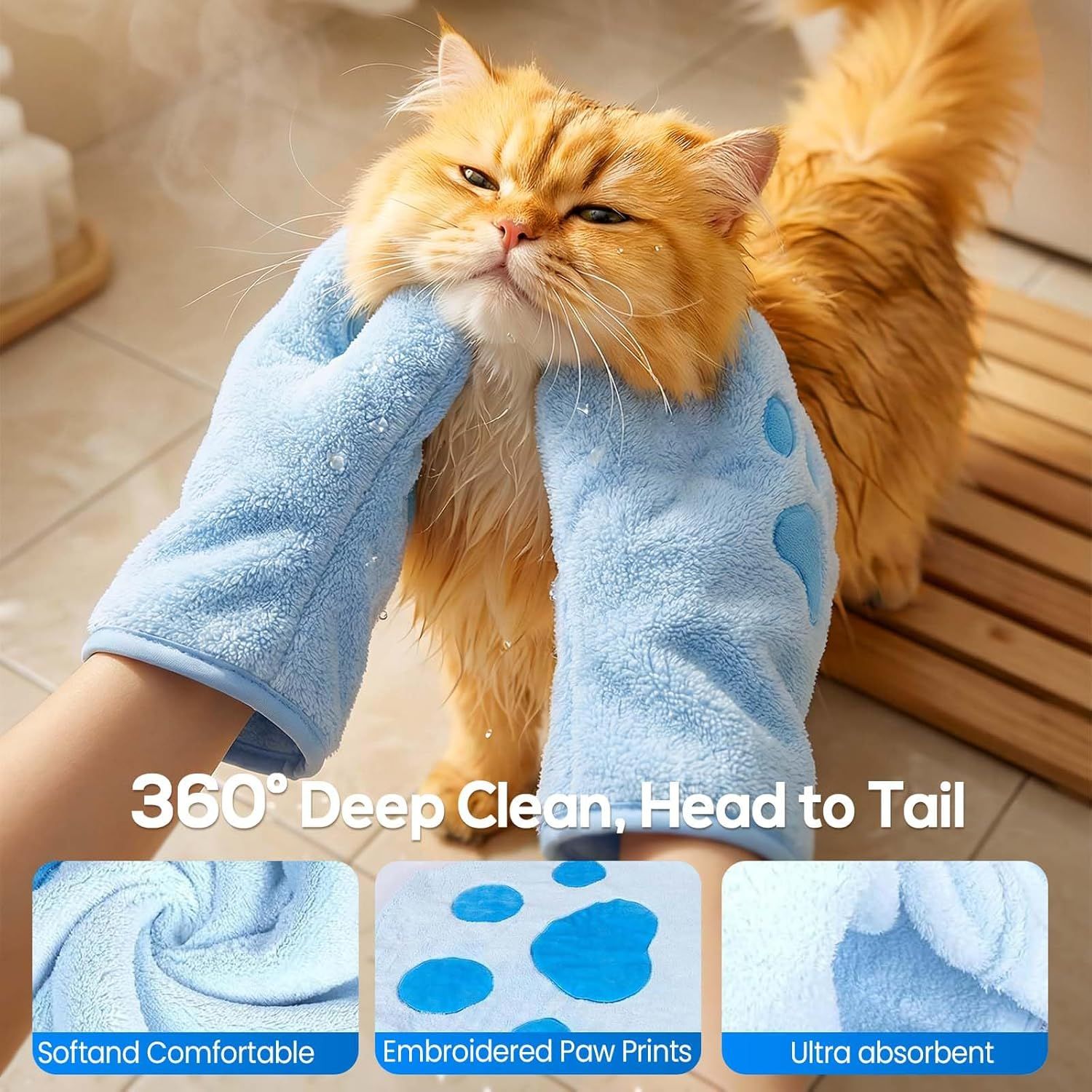 Paw Bathing Towel for Cats Puppy, Machine-Washable Reusable Pet Grooming Towel - Soft, Absorbent Quick-Dry Bath Mitt for Dirt Odor Removal, Daily Care & Travel (Blue)